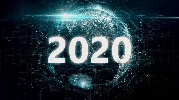 3D vykreslování abstraktní text 2020 na digitální Zemi, Ai technologie, Fintech, Iot, a pokročilé technologie. Koncept globální komunikační sítě, 3D ilustrace digitální abstraktní pozadí. — Stock fotografie