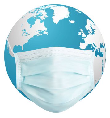 Dünya gezegeni tıbbi maske takıyor. Beyaz arka planda izole edilmiş. Gerçekçi vektör.