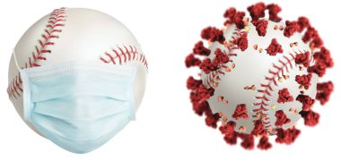 Maskeli bir beysbol topu ve Corona virüsüne dönüşmüş bir diğeri. Beyaz arkaplanda izole.