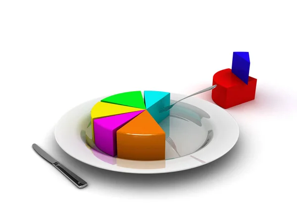 3d pie chart on plate on white background, fork in light-blue, red and blue piece and knife outside. — Stock Photo, Image