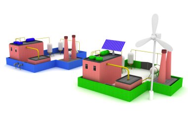 3D kimyasal bitki mavi çit ve fabrika enerji verimliliği ile yel değirmeni ile.