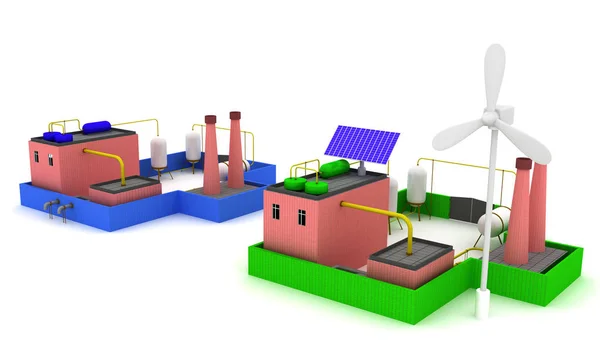 3D-Chemieanlage mit blauem Zaun und Fabrik-Energieeffizienz mit Windmühle. — Stockfoto