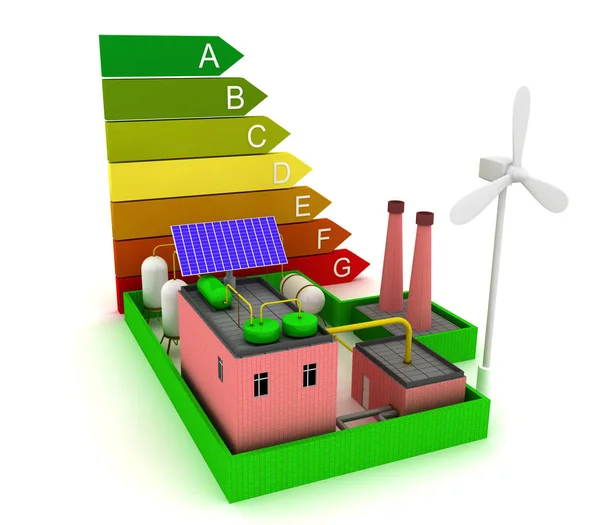 3D εργοστάσιο ενεργειακής απόδοσης με ανεμόμυλο, ηλιακό θερμοσίφωνα και κλίμακα της ενεργειακής απόδοσης. — Φωτογραφία Αρχείου