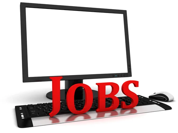 Monitor de computador 3d com tela branca em branco e palavra vermelha Empregos — Fotografia de Stock