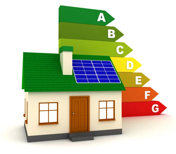 3D Home with solar battery and energy efficiency — Stock Photo, Image