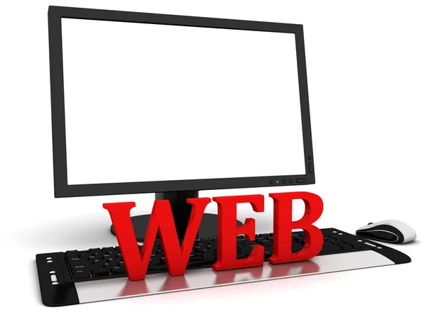 Pantau komputer 3d dengan layar putih kosong dan web kata merah — Stok Foto