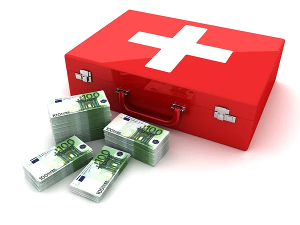 3d Erste Hilfe, Koffer Krankenwagen und Geld Euro — Stockfoto