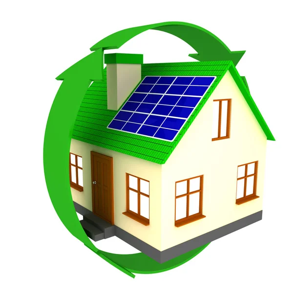 Pequeña casa con batería solar en flecha verde — Foto de Stock