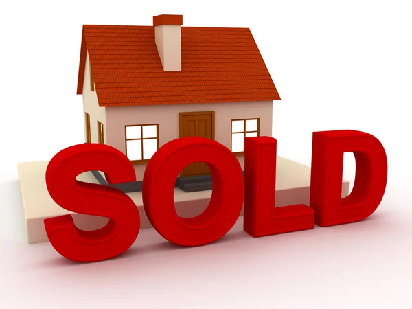 3D illustration. litet hus med röda tak och en inskription som säljs — Stockfoto