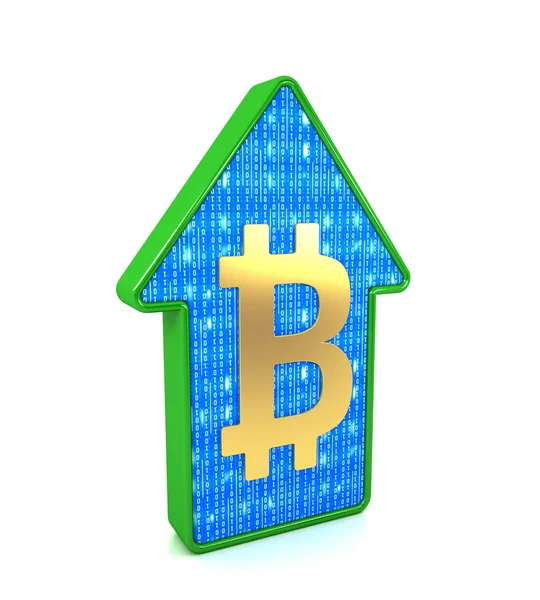 Πράσινο βέλος και Bitcoin σύμβολο κρυπτονομισμάτων. Έννοια ανάπτυξης. — Φωτογραφία Αρχείου