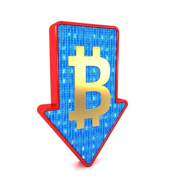 Κόκκινο βέλος και Bitcoin σύμβολο κρυπτονομισμάτων. Έννοια ύφεσης. — Φωτογραφία Αρχείου