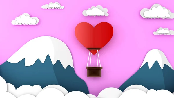 Globo en forma de corazón volando sobre el cielo y el fondo de montaña. Feliz día de San Valentín —  Fotos de Stock