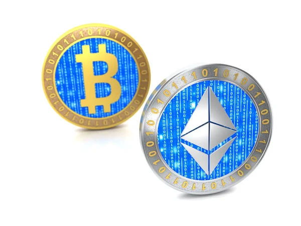Bitcoin en Ethereum. Munten met Bitcoin en ethereum symbool geïsoleerd op witte achtergrond. Wazige achtergrond. — Stockfoto
