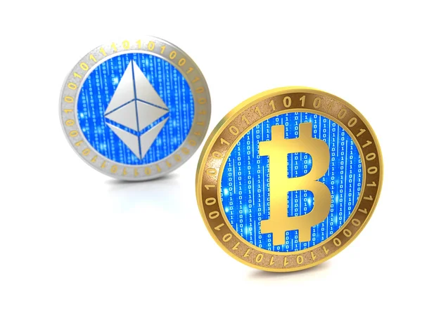 Bitcoin y Ethereum. Monedas con bitcoin y símbolo etéreo aislados sobre fondo blanco. Fondo borroso . Imagen De Stock