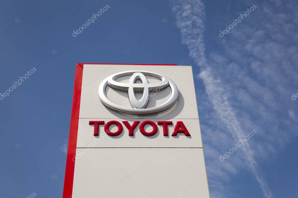 Frankfurt, Germany - March 30, 2017: Toyota cars dealership in the city of Frankfurt. Toyota is world's leader in sales of hybrid vehicles.