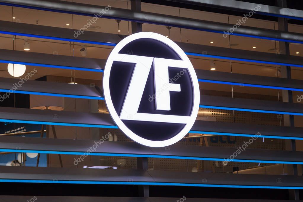 Frankfurt, Germany - Sep 20, 2017: ZF Friedrichshafen autmotive supplier corporate logo at the IAA 2017 at the Frankfurt International Motorshow 2017