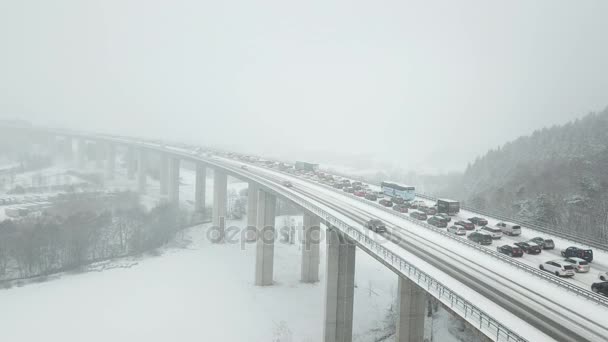 Aerial View Highway Bridge Heavy Snowfall Winter Stock Video