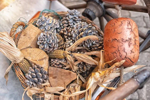 Christmas rustic outdoor decor with silver painted cones and corns — Stock Photo, Image