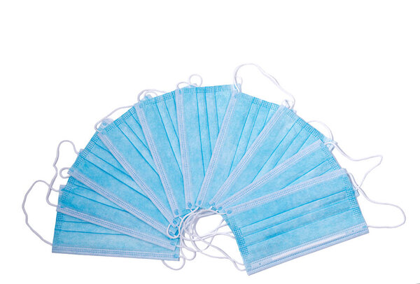 Blue and white protection respirator mask isolated on white background. Protect covid