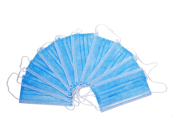 Blue and white protection respirator mask isolated on white background. Protect covid