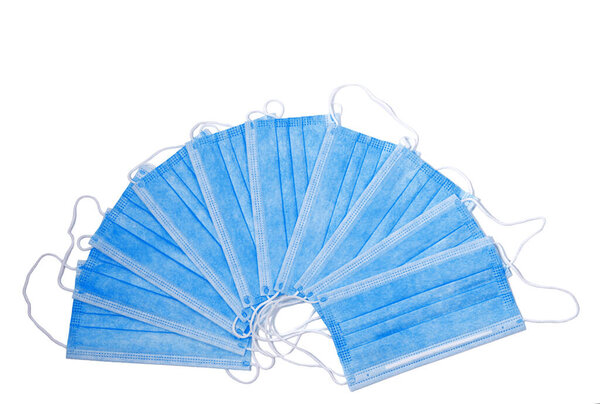 Blue and white protection respirator mask isolated on white background. Protect covid