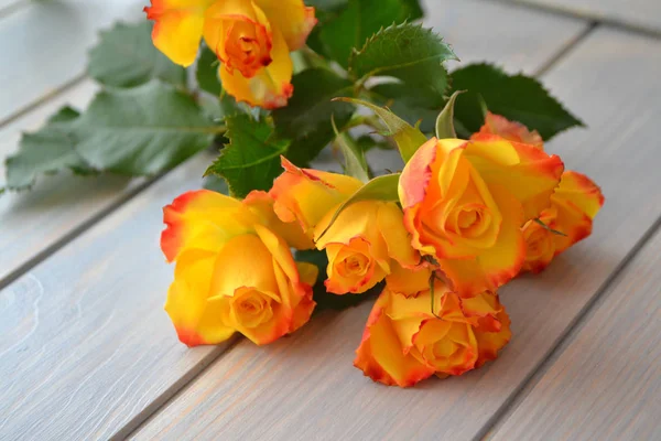 Gelbe Rosen Blumen über blauer Krickente hölzernen Tisch Hintergrund. — Stockfoto