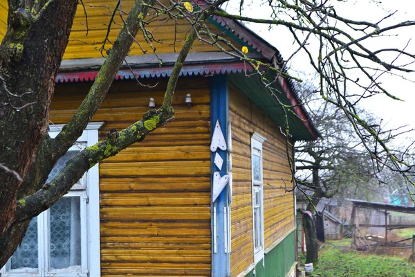 Fragmento de viejo país agrietado pared de la casa de madera pintada en amarillo y azul, con ventanas, antiguo pueblo de Bielorrusia — Foto de Stock