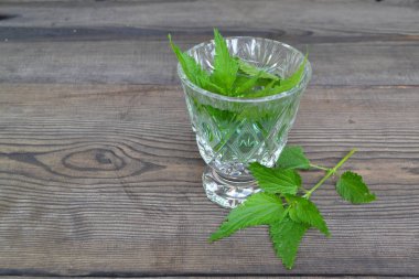 Isırgan otu çayı ve ahşap masada biraz ısırgan otu, ısırgan otu tentürü, detoks kuyruğu.