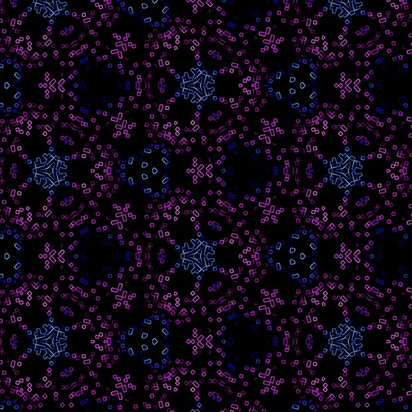 Pixels dark abstract geometric pattern in blue and purple on black background. Chess pattern and squares.