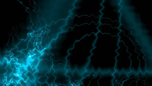 Kouřové zářící fraktálové neonové vlny ve tmě. Tmavé abstraktní pozadí s neonovou barvou světla a vlnité čáry v tyrkysové a teal — Stock fotografie