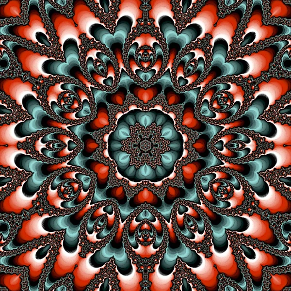 Ronde abstracte geometrische caleidoscopische mandala ontwerp in donker teal, blauw en oranje kleuren. Fractaal effect — Stockfoto