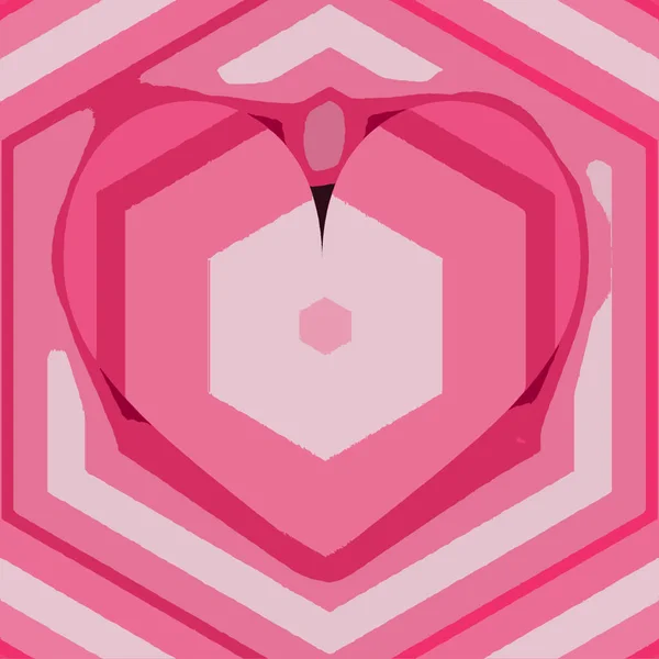 Plantilla de tarjeta tierna coral rosa con elementos hexagonales y corazón de marco. Líneas de pastel en el fondo de hexágonos rosados — Foto de Stock
