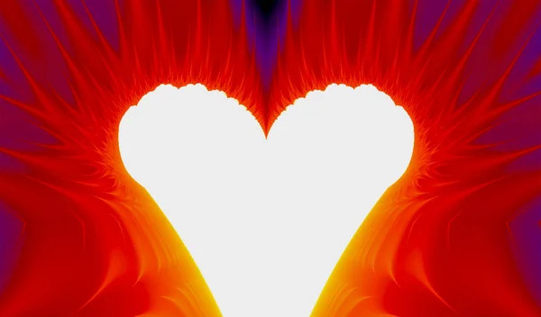 Conceptual Valentine card in red and orange colors, with heart shape hol in fire ray — Stock Photo, Image