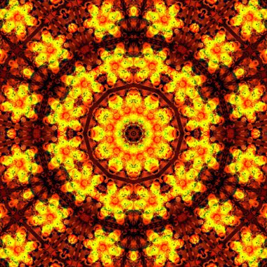 Bahar ya da yaz güneşi turuncu ve kırmızı kaleydoskop üzerinde mandala ateşler.