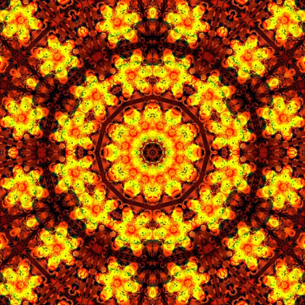 Bahar ya da yaz güneşi turuncu ve kırmızı kaleydoskop üzerinde mandala ateşler.