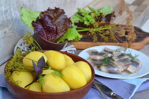 Pommes de terre bouillies au poisson salé et à l'aneth sur une table de style russe — Photo