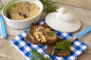 homemade duck pate with bread, vintage image