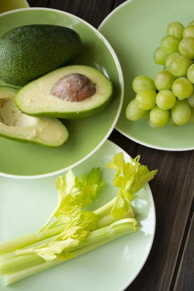 Fresh green vegetables and fruits, top view image — Stock Photo, Image