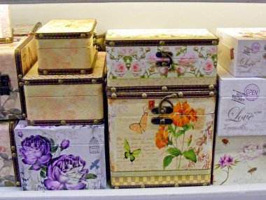 decoupage jewellery boxes in shop