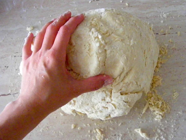 Woman Kneading Bread Dough Her Hand — 图库照片