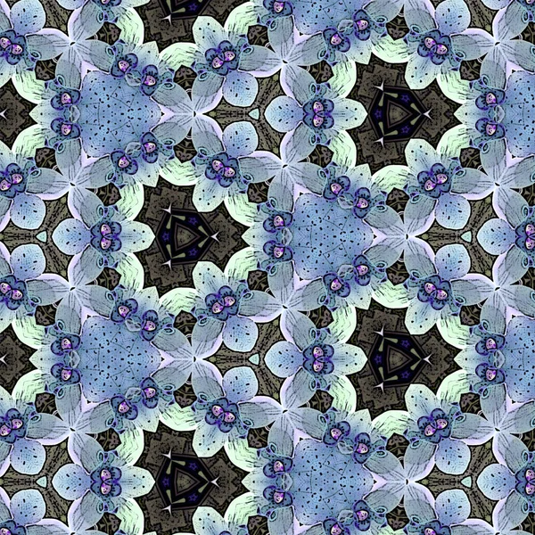 Kaleidoskopický květinový souvislý vzor z kaleidoskopu modré orchideje. — Stock fotografie
