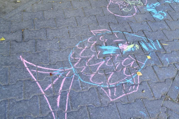 Dibujo Niños Con Lápices Colores Sobre Asfalto Del Colorido Pez — Foto de Stock