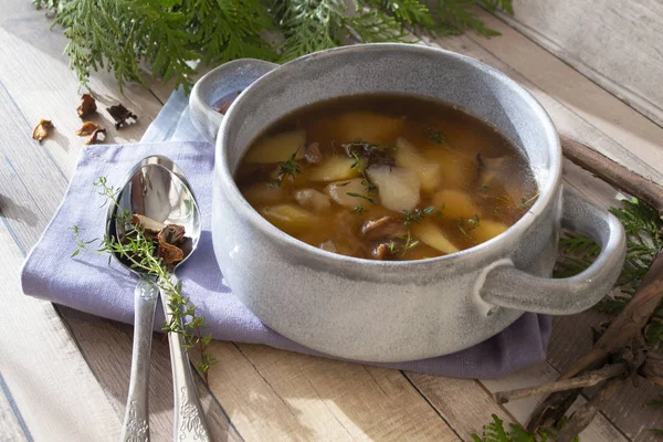 Mushroom soup close up served in a country house style — Stock Image Mushroom Soup Close Served Country House Style Royalty Free Stock Photos