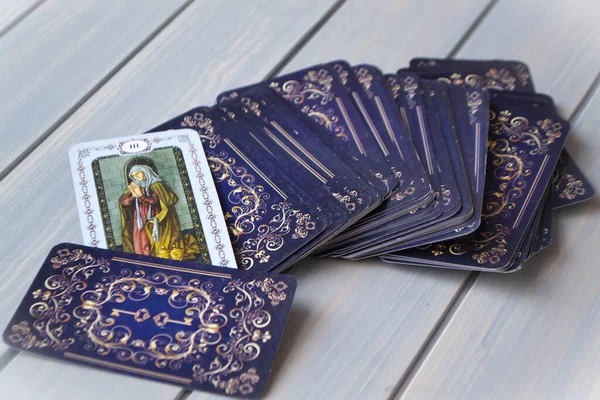 Cartes Tarot Sorcellerie Magique Vieille Table Bleue Bois — Photo