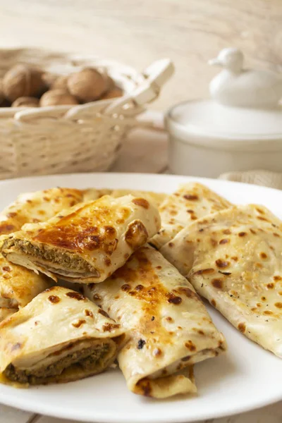 Tasty Stuffed Pancakes Crepes Meat Close Thin Pancakes Fillings Russian — Stock Photo, Image