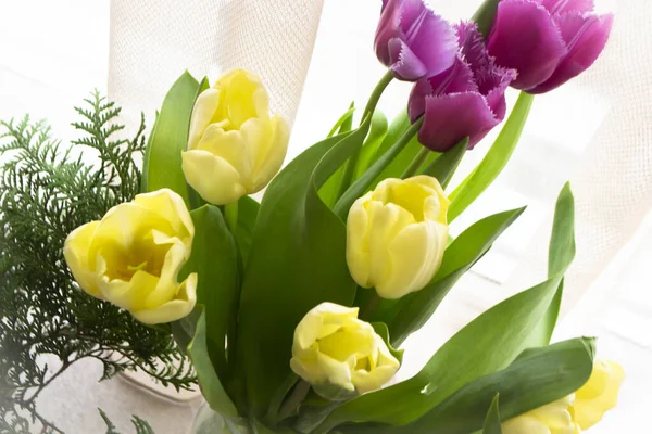 Frische Tulpenblüten Strauß in gelben und lila Tulpen — Stockfoto