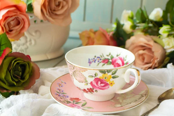 Tasse Thé Vintage Cadre Fleurs Roses Pastel — Photo