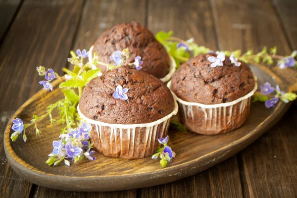 Közelkép Csokoládé Muffin Cupcakes Kék Tavaszi Virágok Sötét Háttér — Stock Fotó