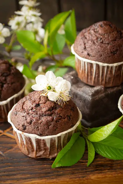 Zelfgemaakte Heerlijke Chocolade Muffins Donkere Houten Achtergrond Met Kersenbloemen Verticale — Stockfoto