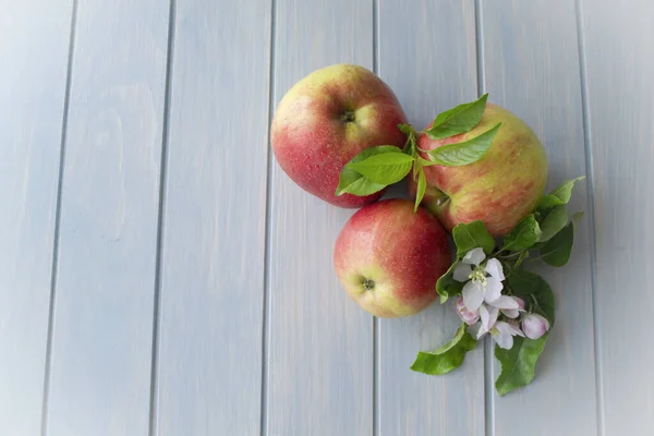 Apples Leaf Flowers Top View Blue Wooden Background Copy Space — Stock Photo, Image